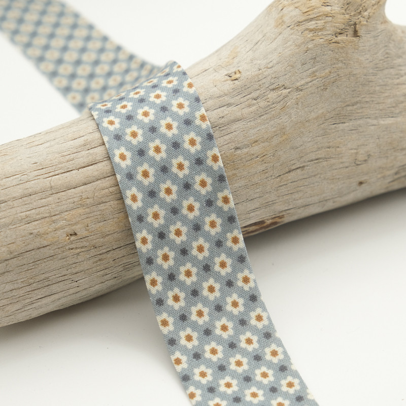 25MM Printed Bias Tape with Floral Pattern in Blue-Gray - Maison Klem